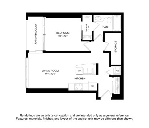 Floor plan for 1 bed, 1 bath, 625 sqft
